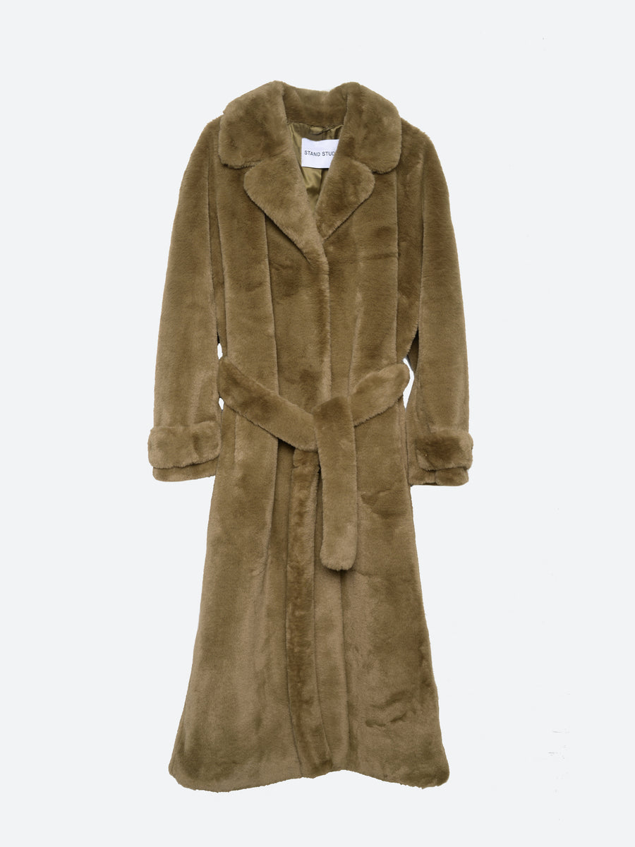 Stand Studio - Faux Fur Velvety Paula Coat in Pastel Khaki - gravitypope