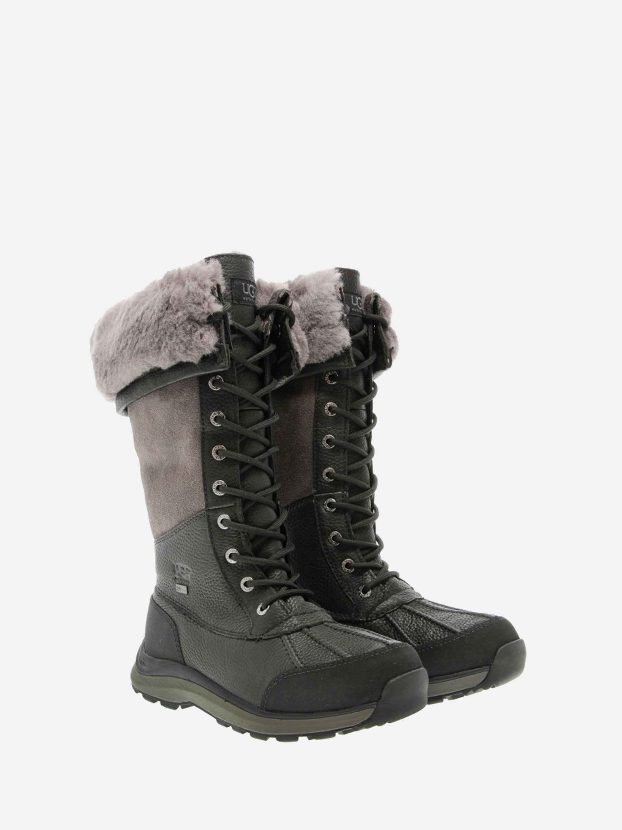 UGG Adirondack Boots Size 6.5 sold Black Gray Leather Fur Lined Lace Up Snow Winter