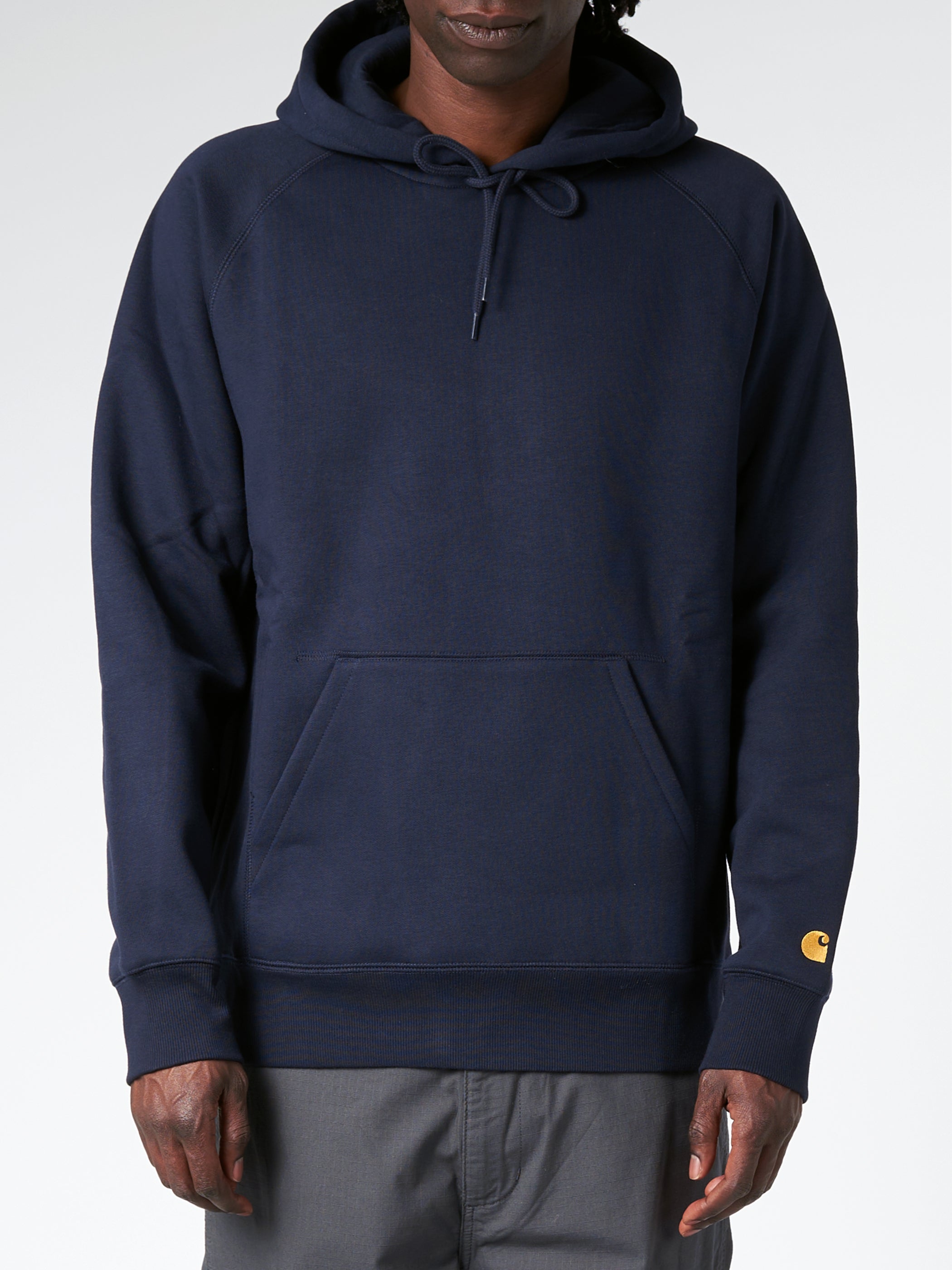 Carhartt WIP Hooded Chase Sweatshirt in Dark Navy Gold gravitypope