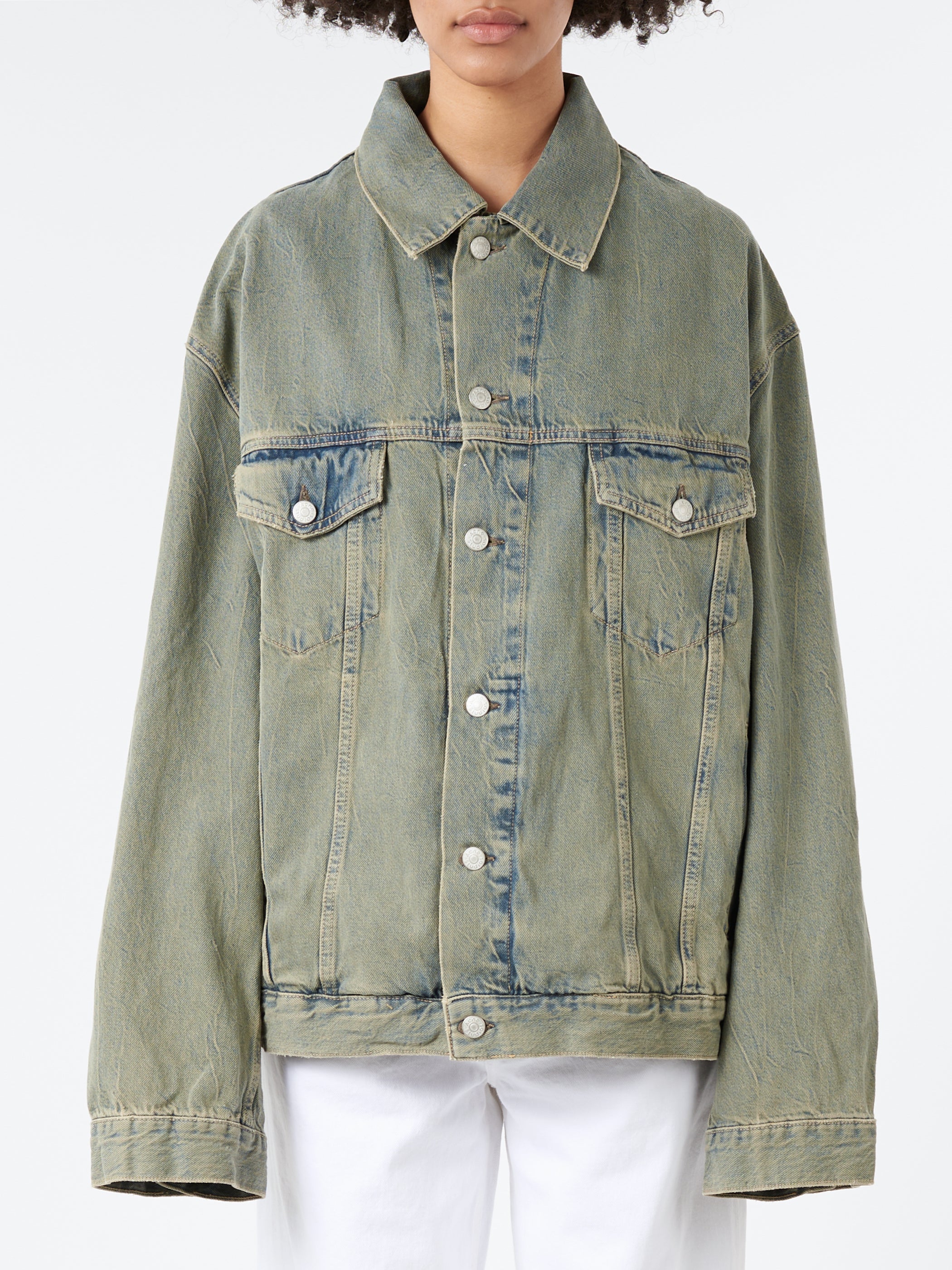 Acne Studios Kataya U Delta Denim Jacket in Blue and Beige gravitypope