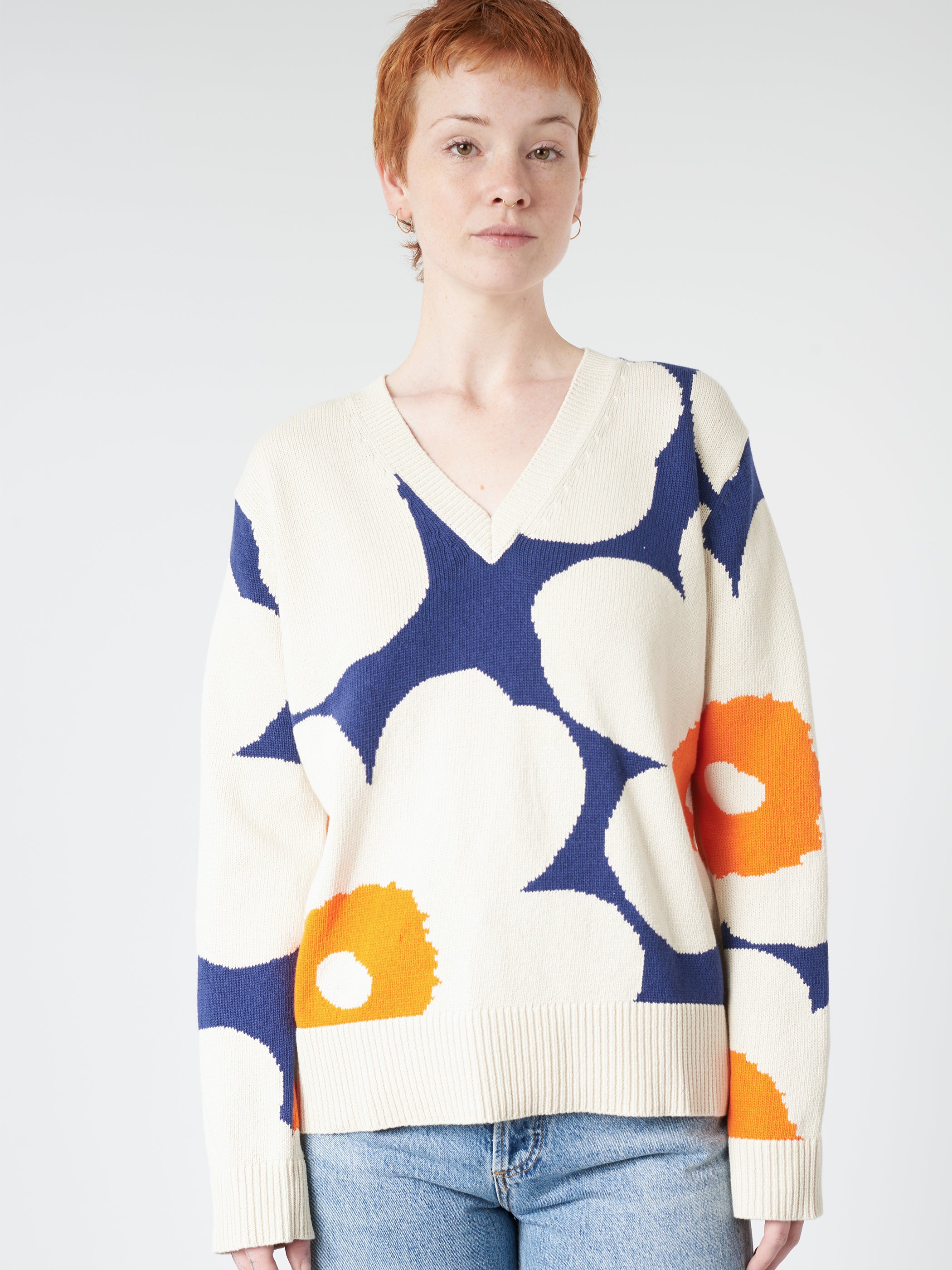 Marimekko Paiva Unikko Sweater in White Navy Orange gravitypope