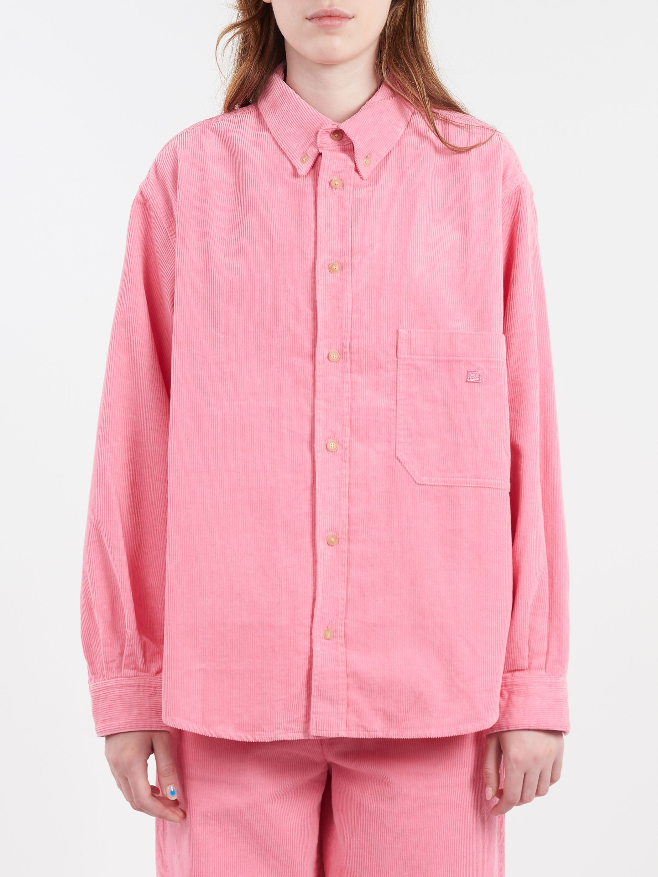 Acne Studios Oday Corduroy Overshirt in Tango Pink gravitypope