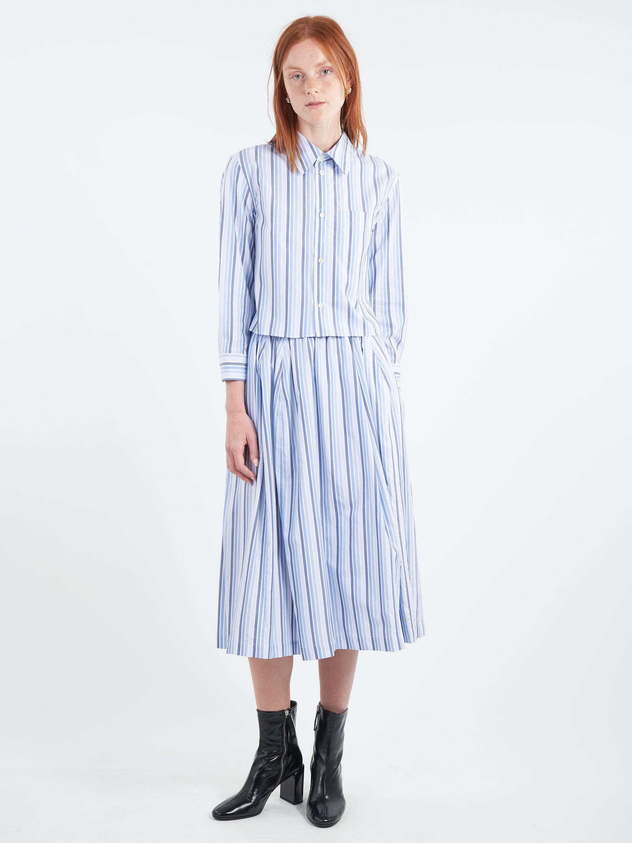 Striped Organic Poplin Elasticated Midi Skirt