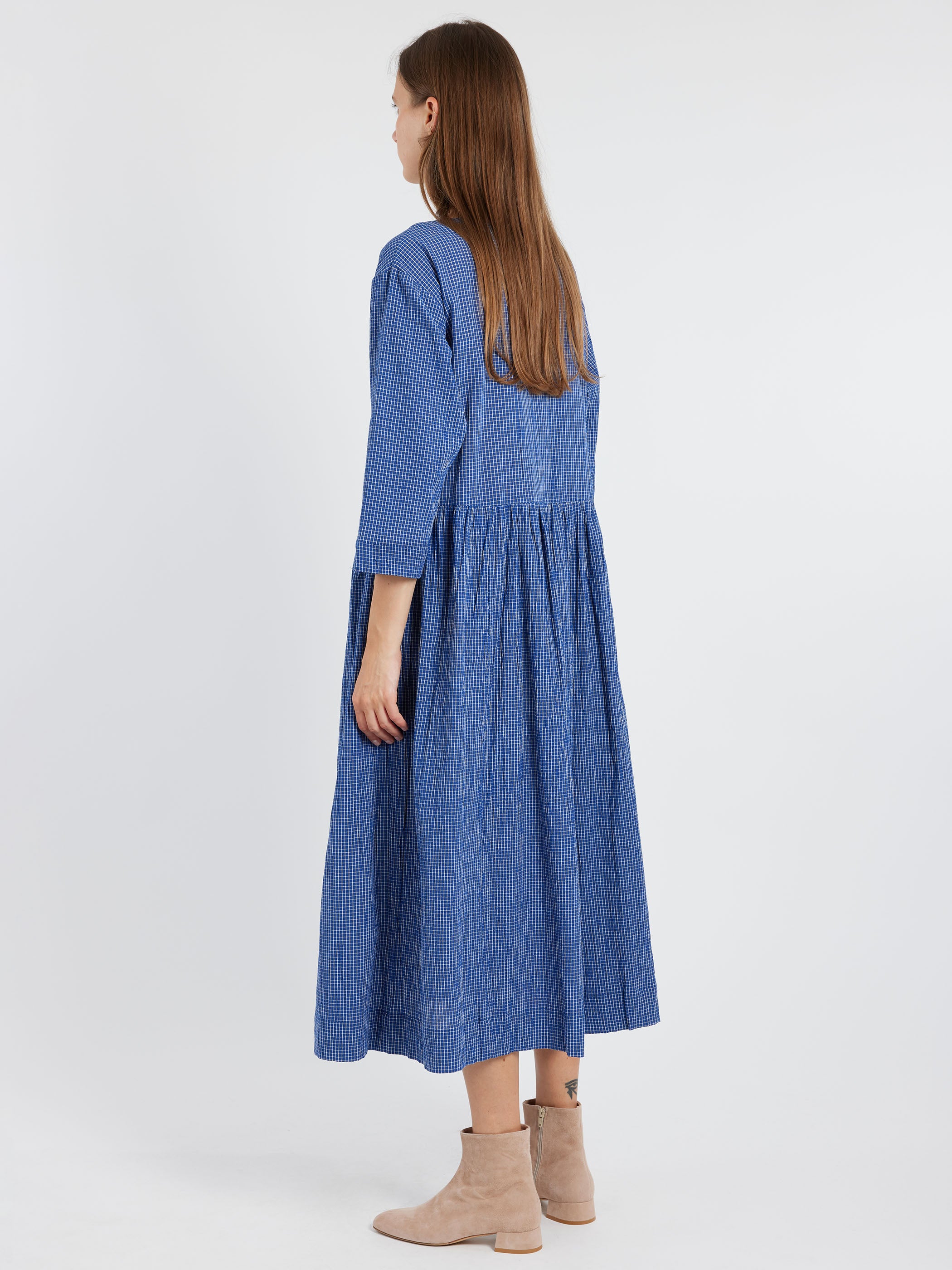 Check Crinkle Cotton Boat Neck Dress