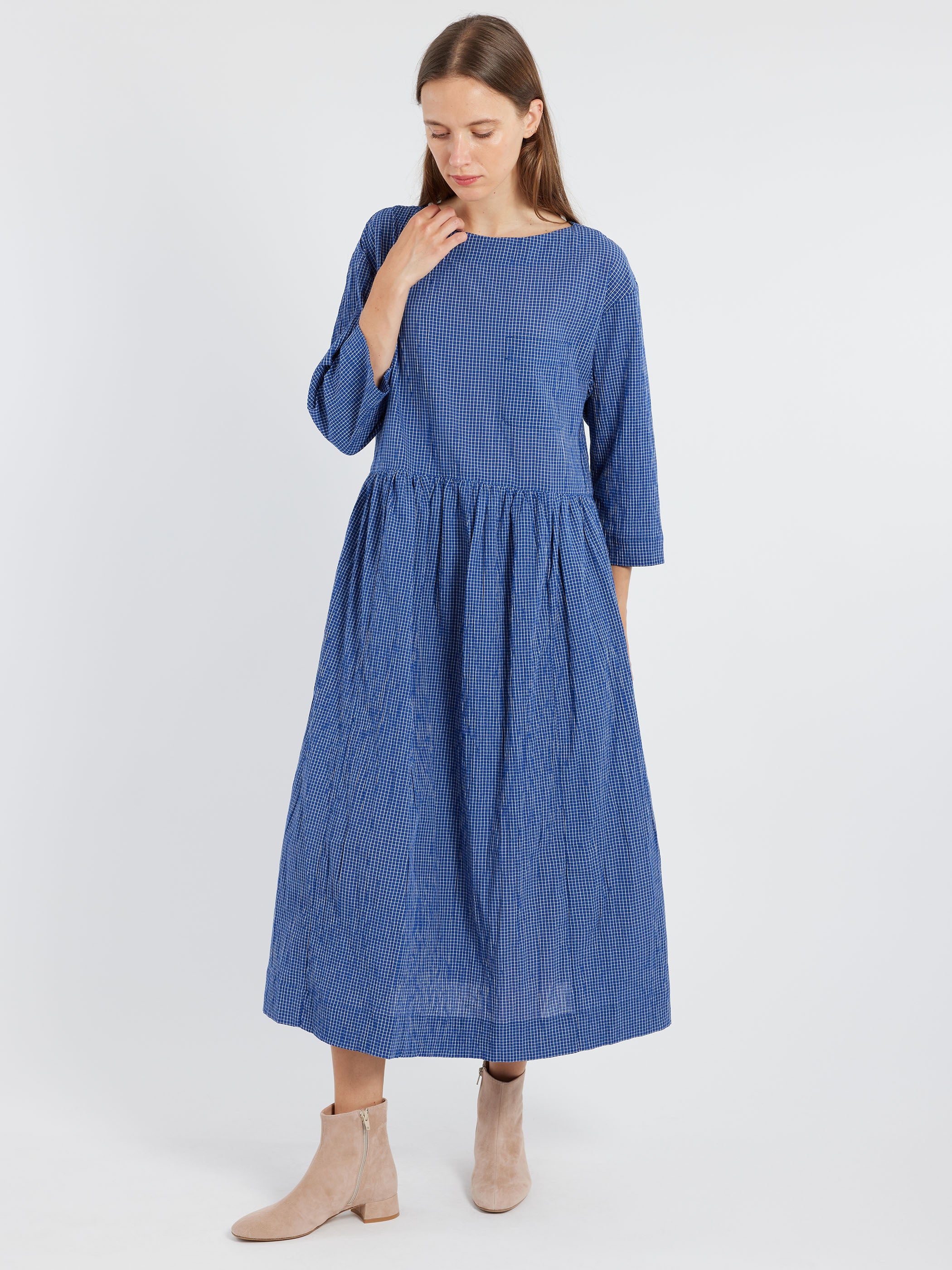 Check Crinkle Cotton Boat Neck Dress