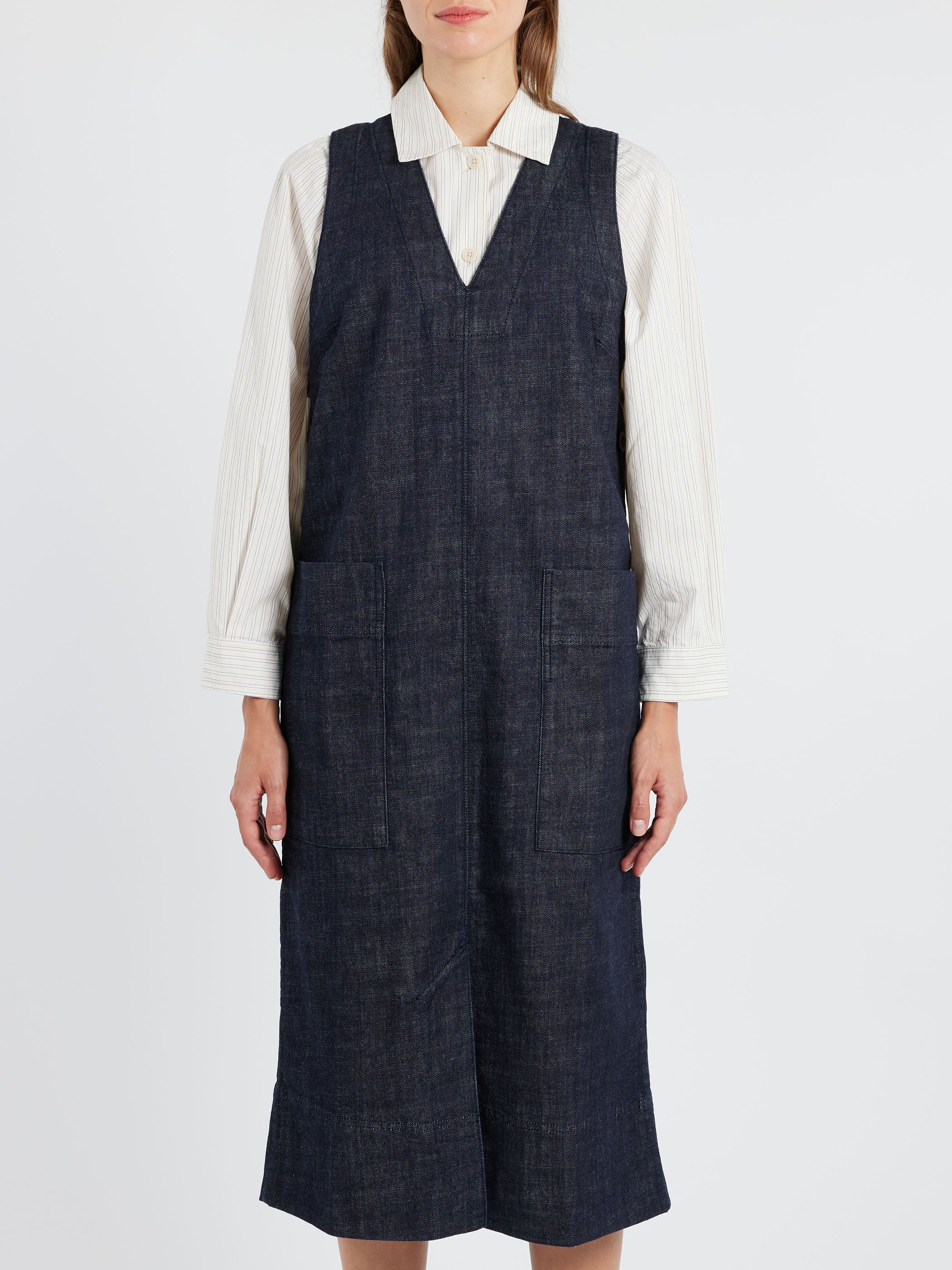 V-Neck Denim Pinafore Dress