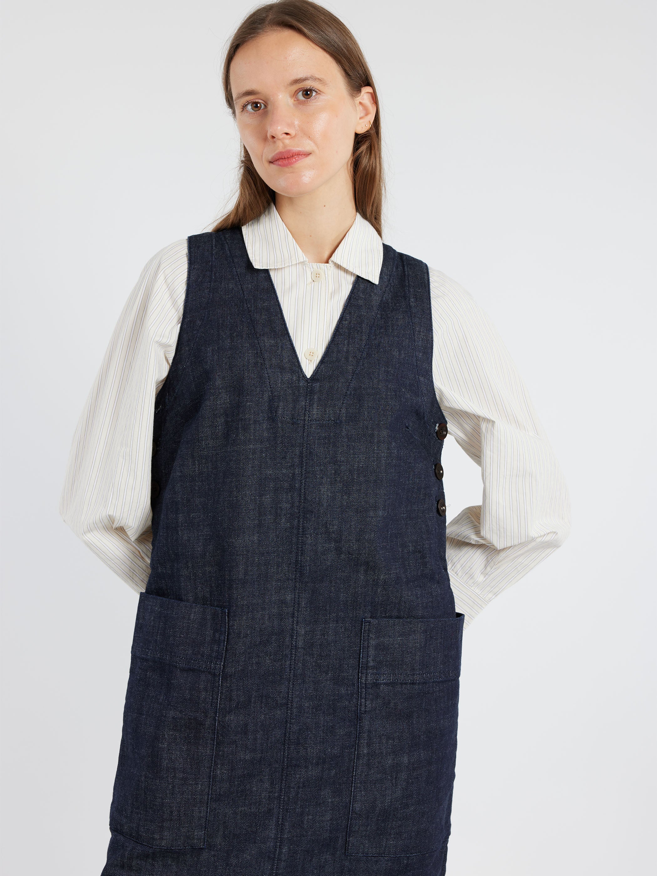 V-Neck Denim Pinafore Dress