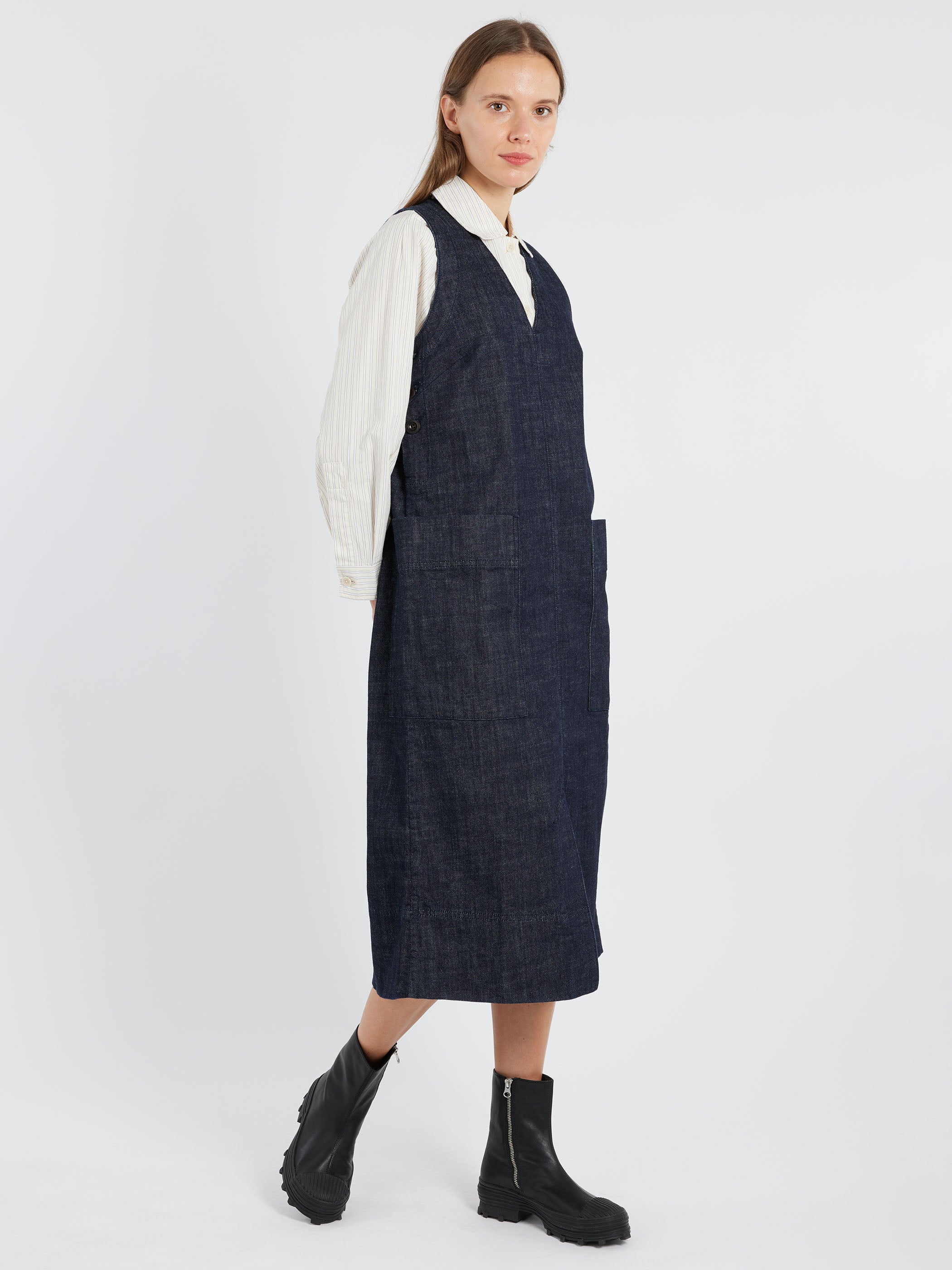 V-Neck Denim Pinafore Dress