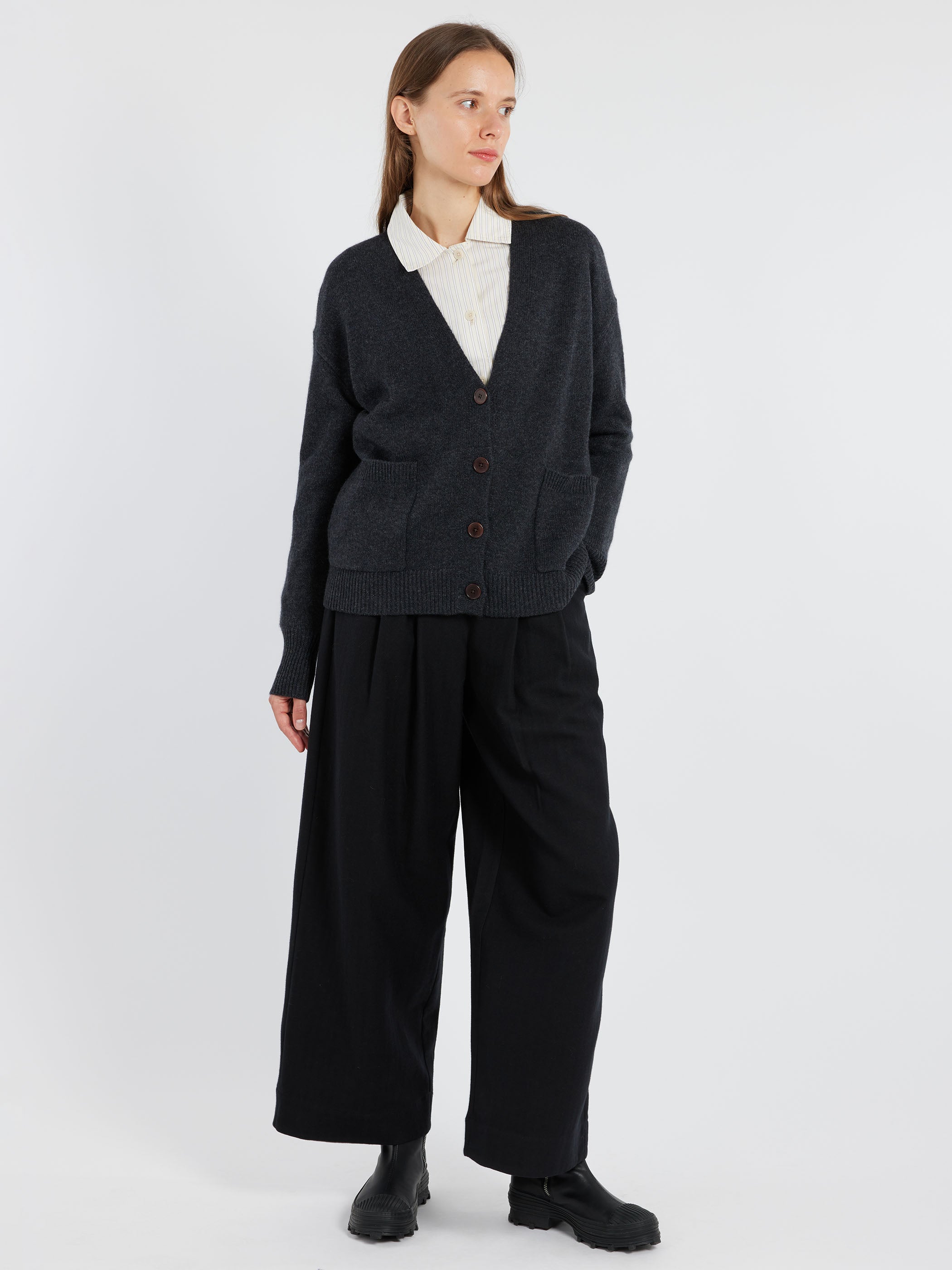 Corrine Wool Cotton Herringbone Wide Leg Trousers