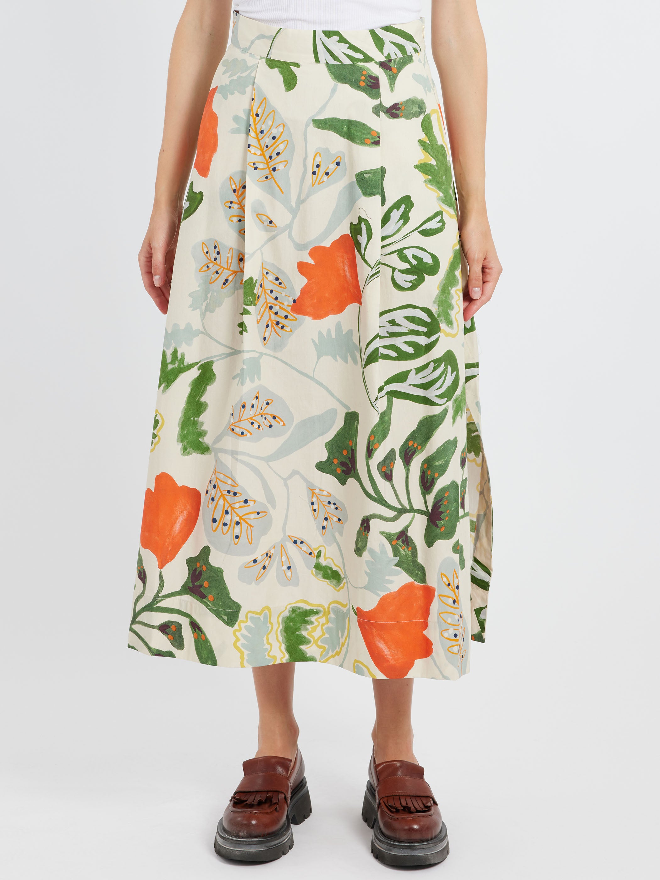 Foliage Print Poplin Skirt