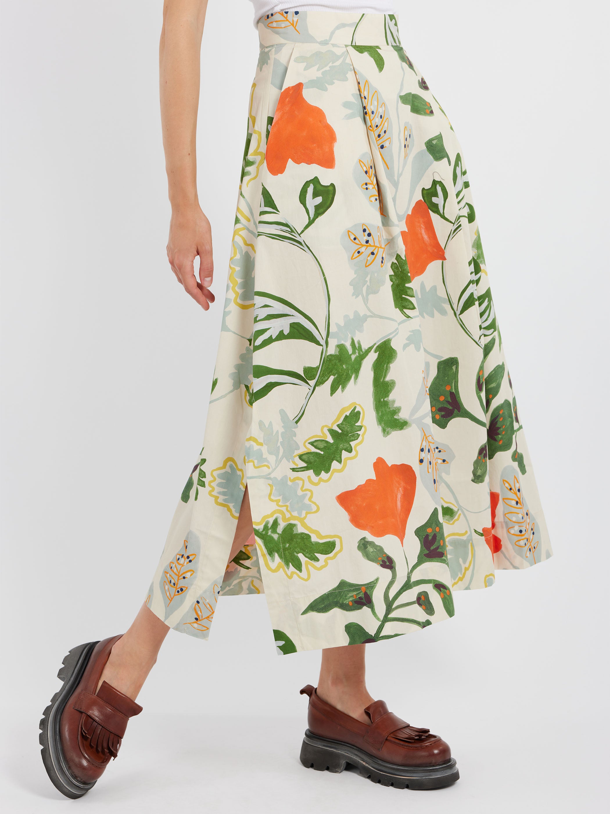 Foliage Print Poplin Skirt