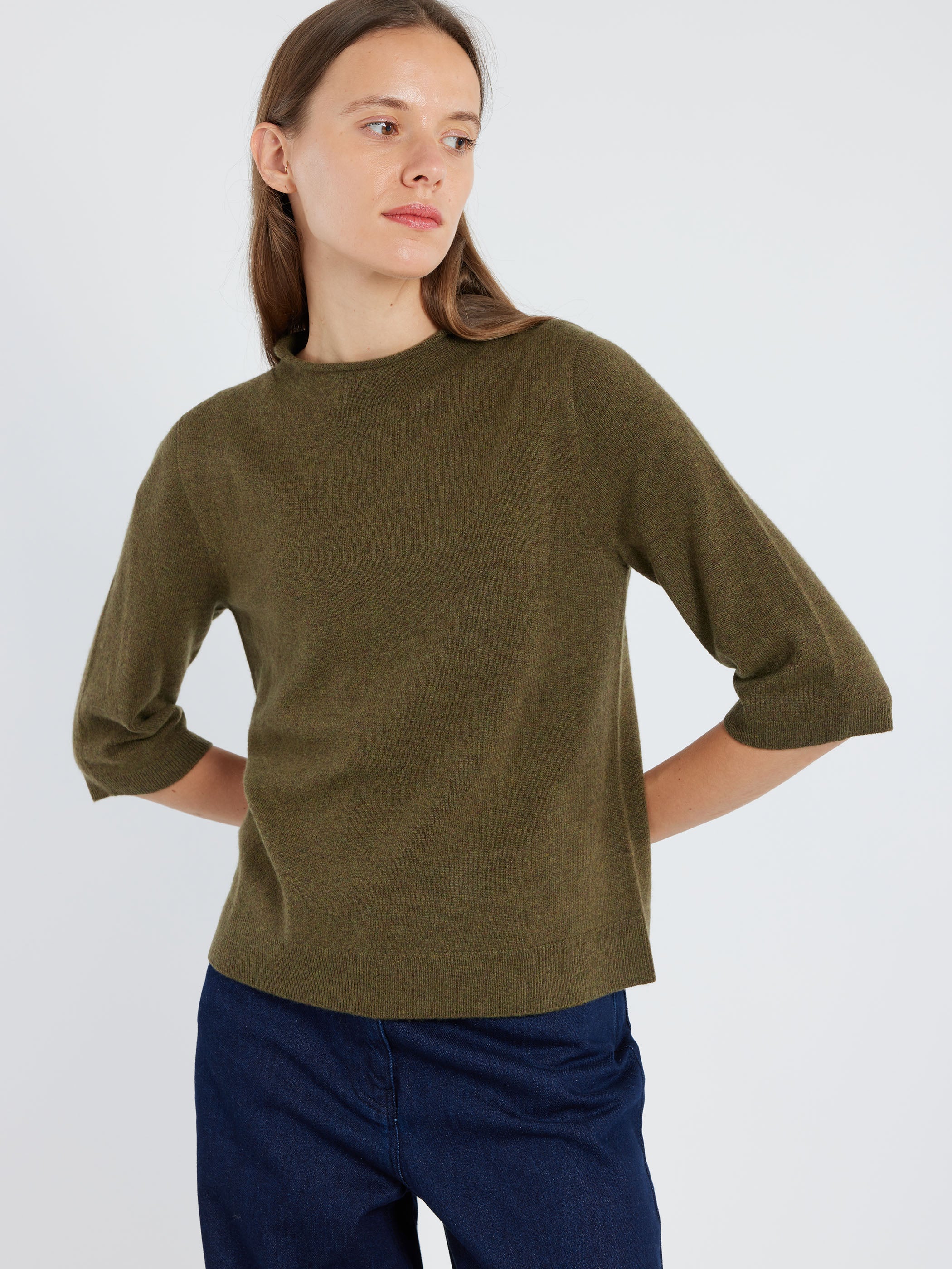 Fine Wool Cashmere Half Sleeve Sweater