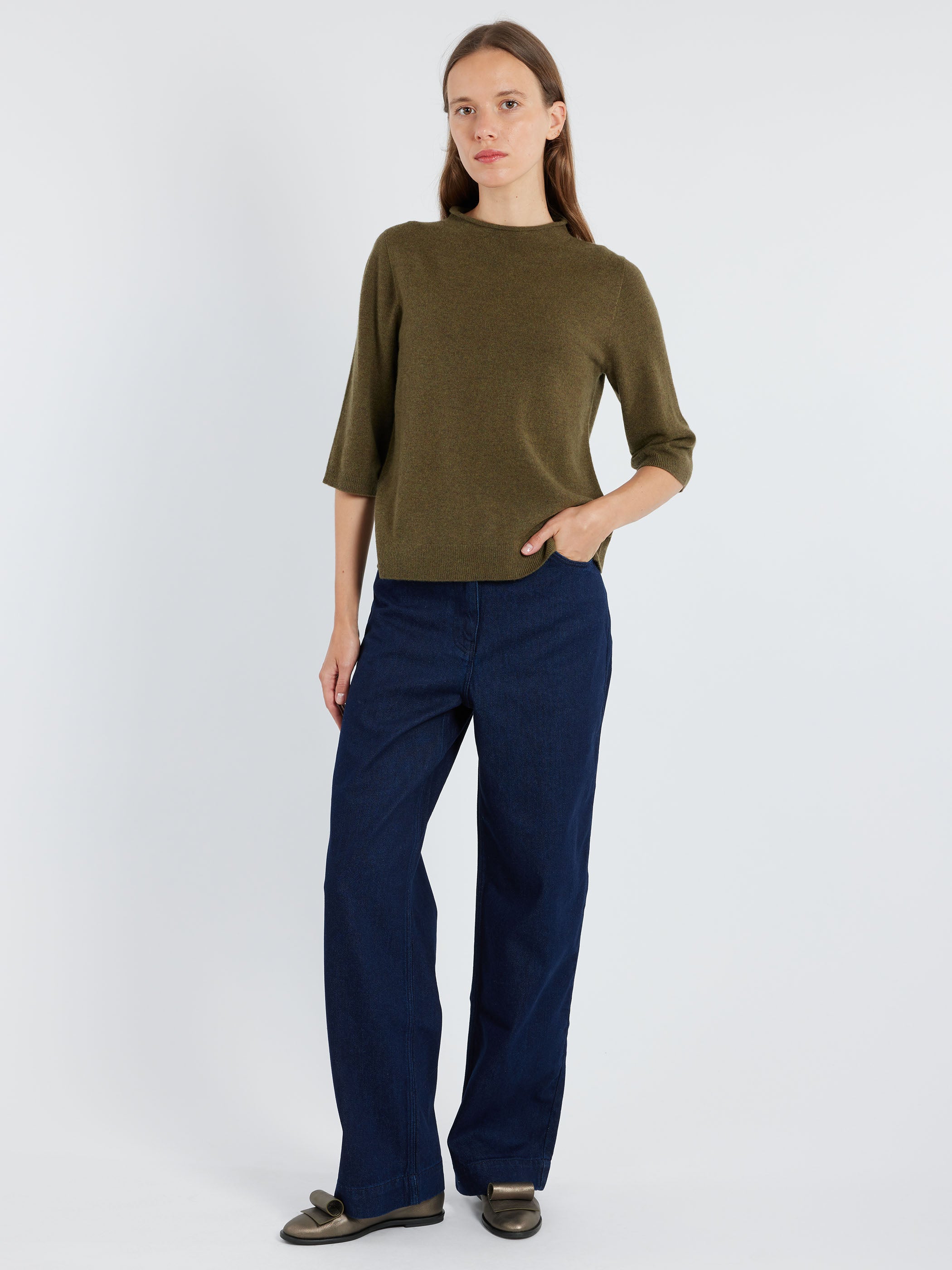 Fine Wool Cashmere Half Sleeve Sweater