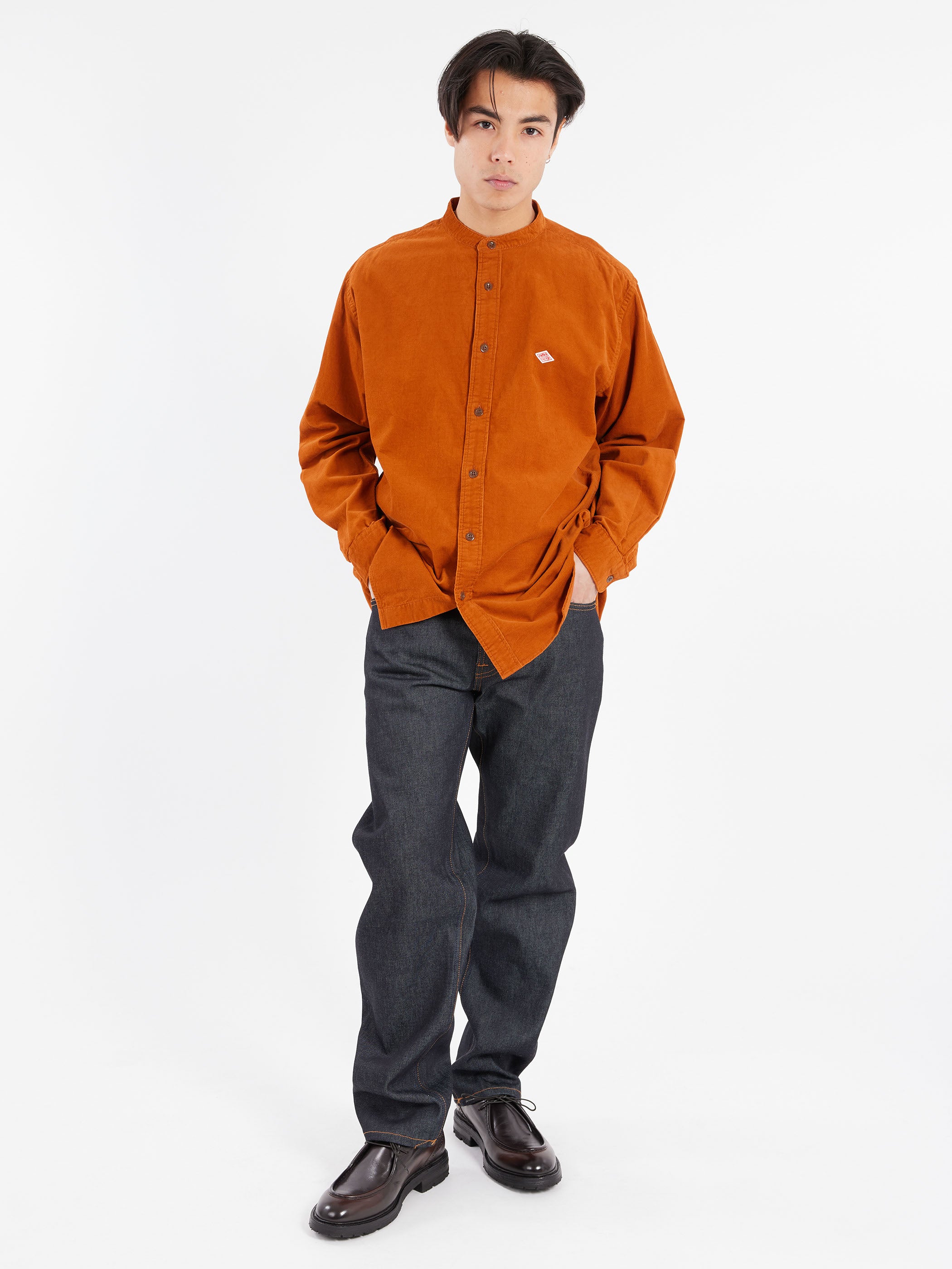 Corduroy Band Collar Shirt