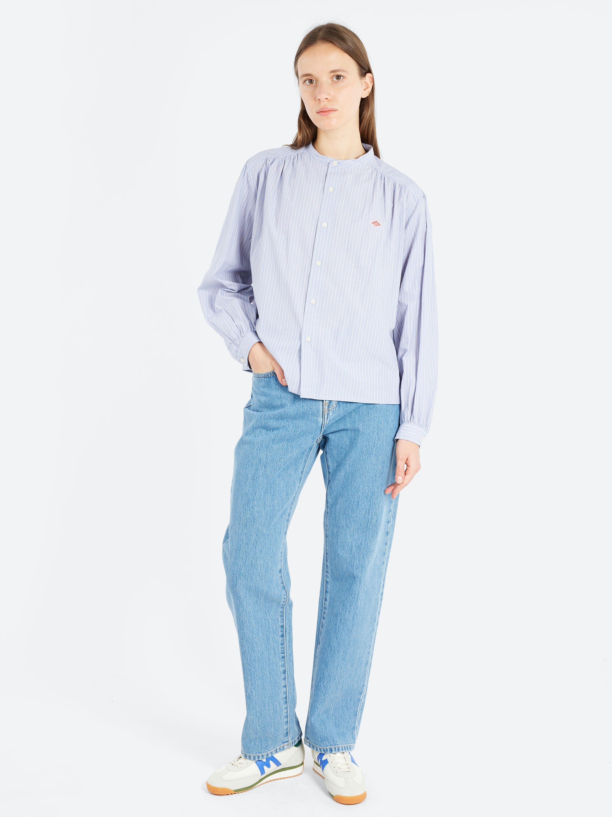 Women's Gathered Band Collar Shirt