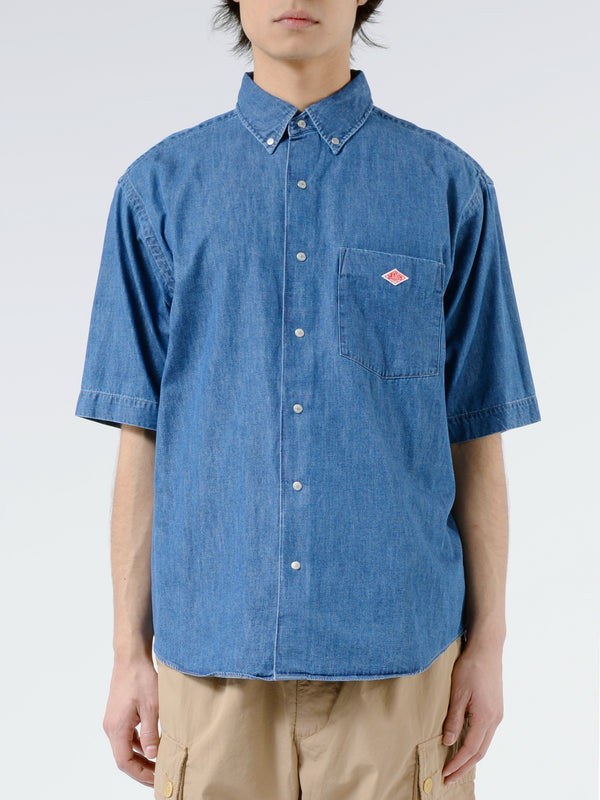 Danton - Men's Denim Dungaree B.D S/S Shirt in Light Indigo