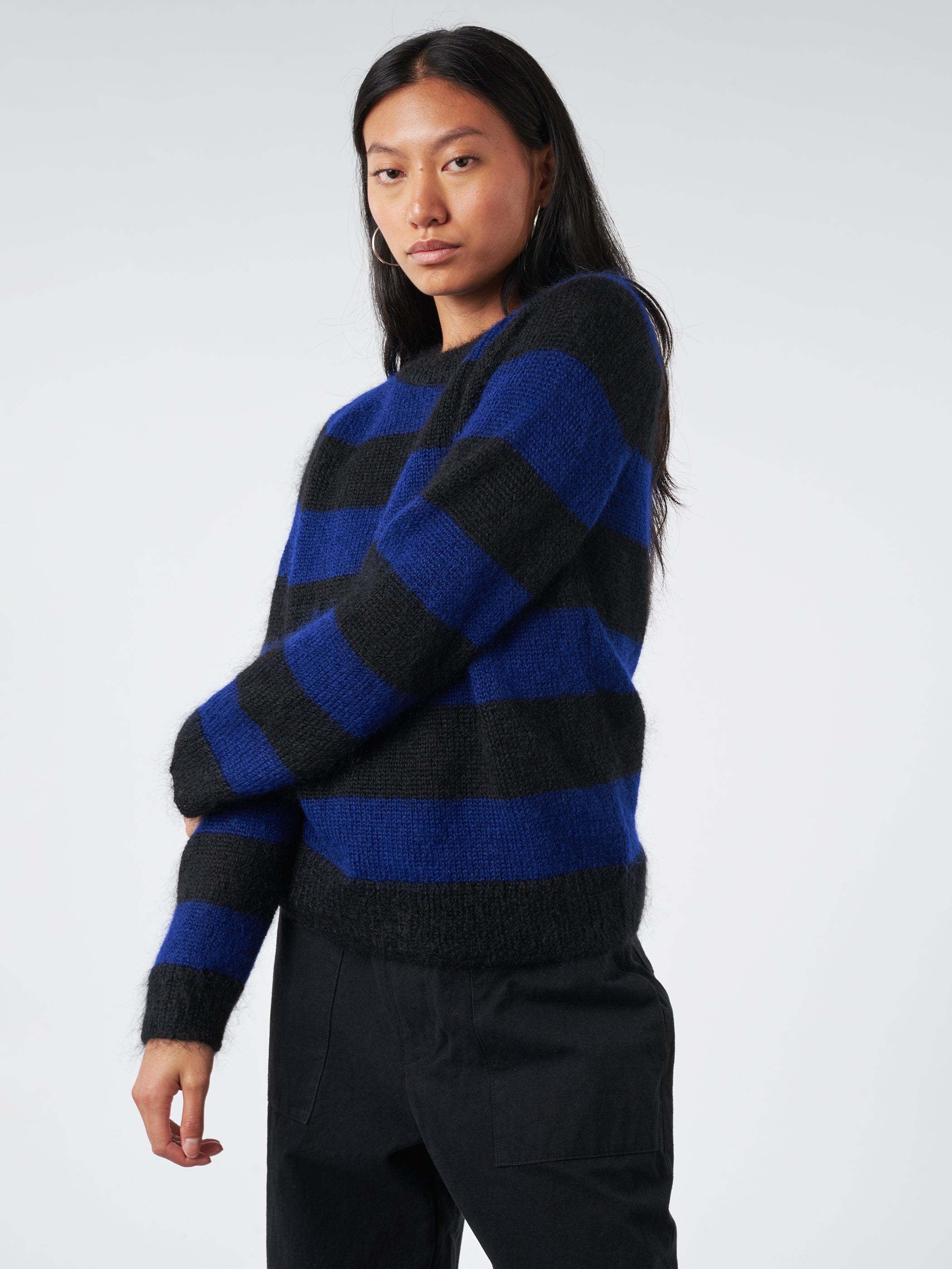 Sarahwear Kid Mohair Striped Crewneck Sweater in Blue Black