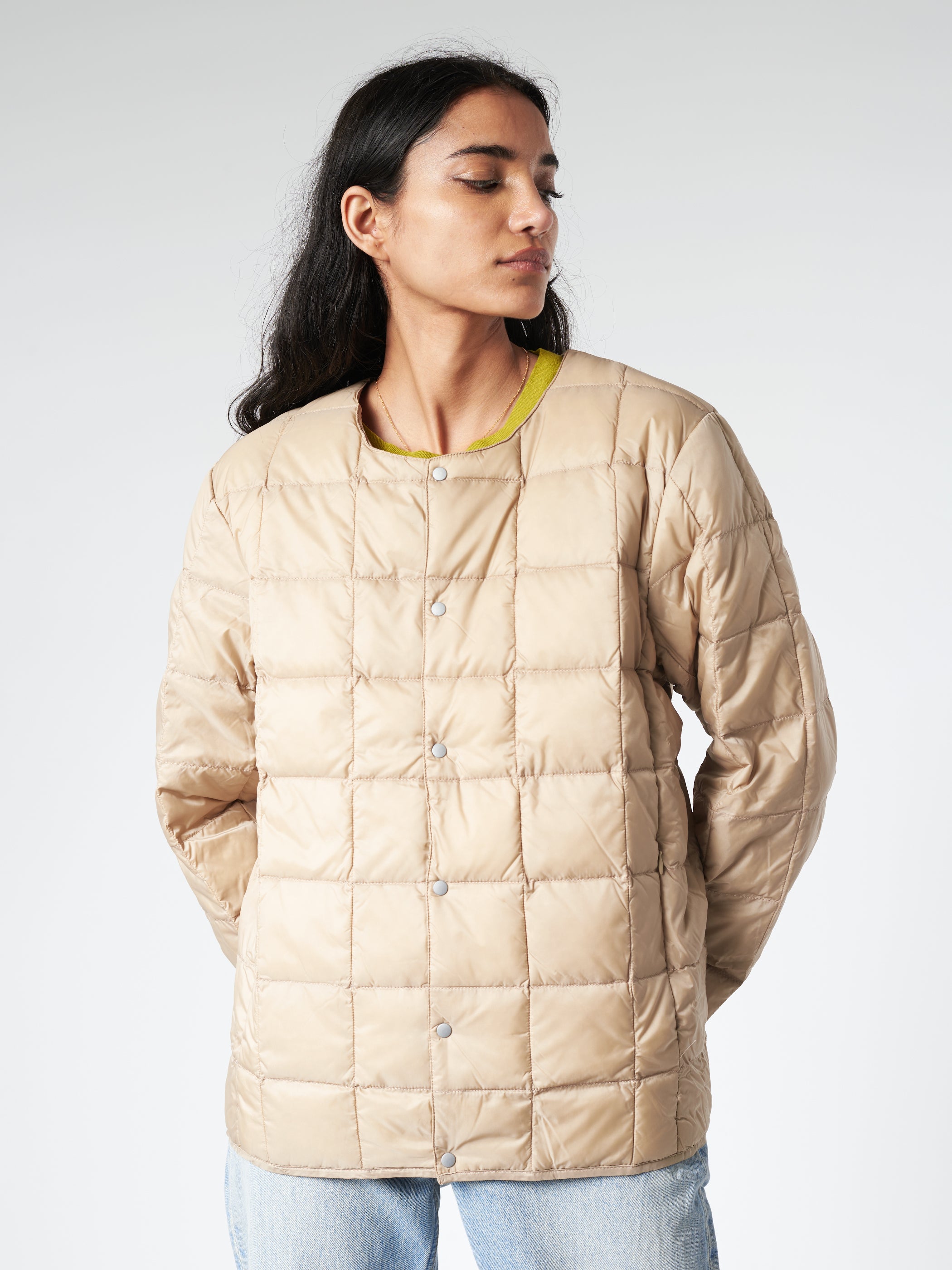 TAION Crew Neck Button Down Jacket in Soft Beige gravitypope