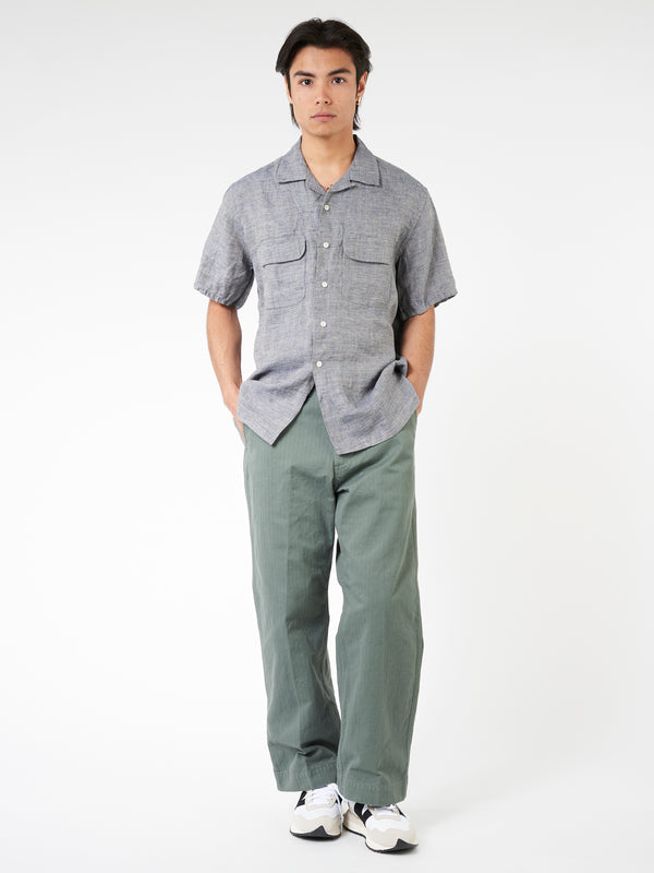 LINEN CHAMBRAY SHORT SLEEVE OPEN COLLAR SHIRT