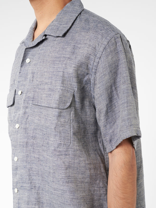 Beams Plus - Linen Chambray Short Sleeve Open Collar Shirt in Navy