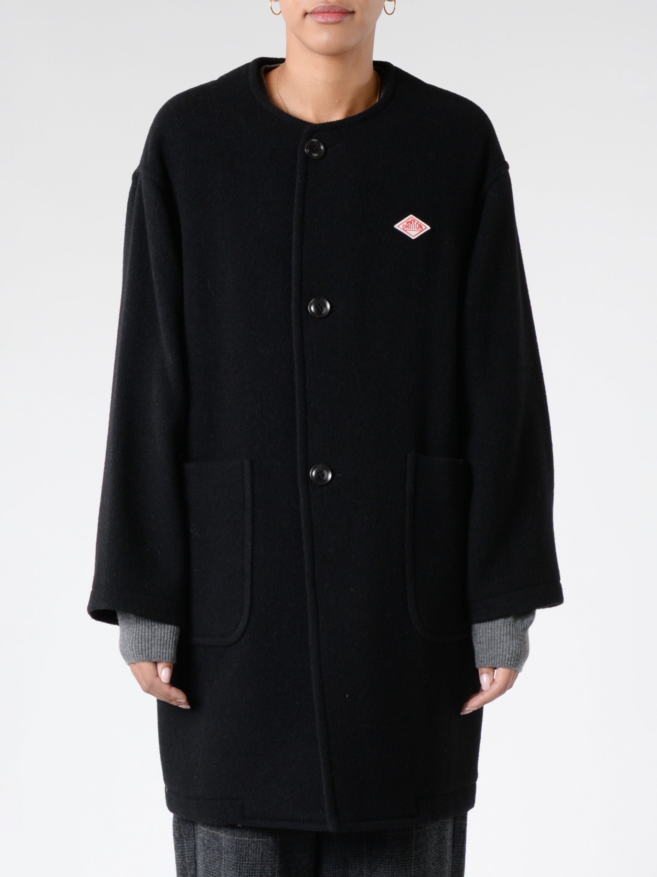 Danton Women s Wool Light Pile Collarless Crew Neck Coat in Black gravitypope